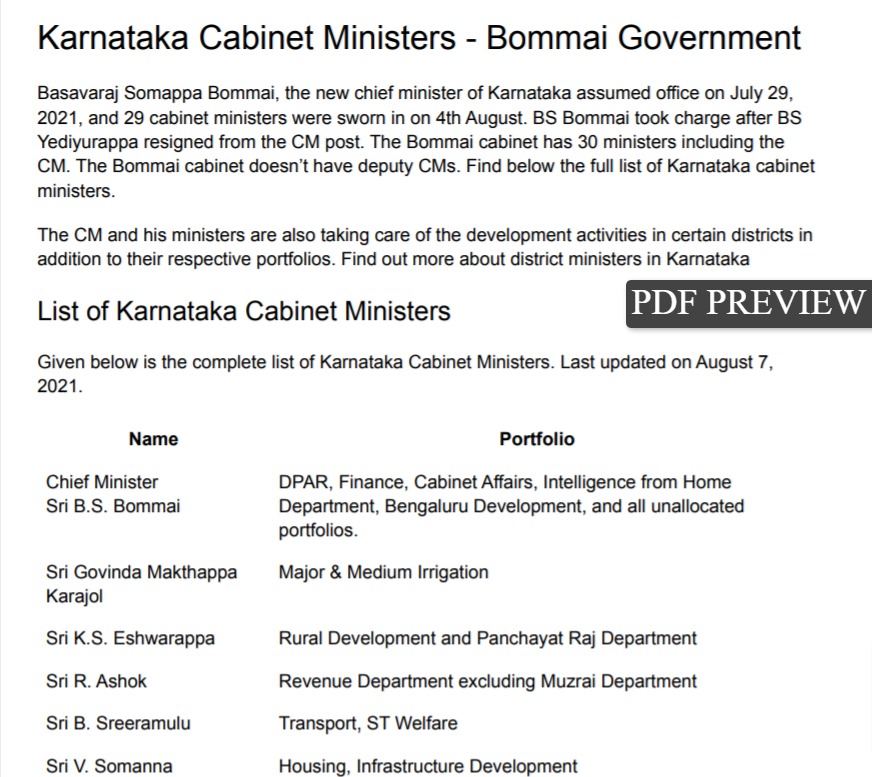 Karnataka Ministers List in Kannada PDF Download