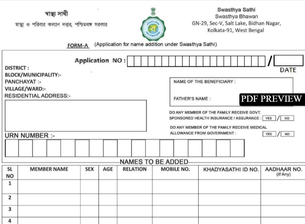 Application For Name Addition under Swasthya Sathi - Form A PDF