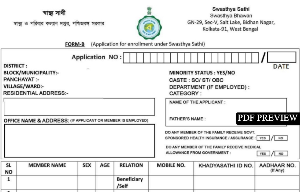 Application for Enrollment under Swasthya Sathi - Form B PDF