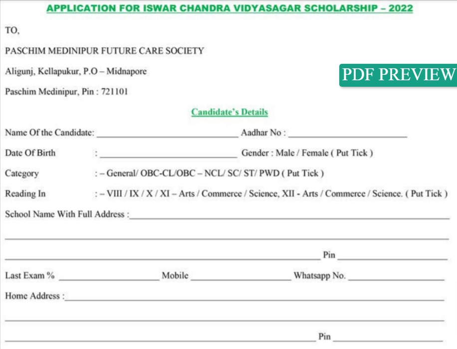 Application for Iswar Chandra Vidyasagar Scholarship 2022