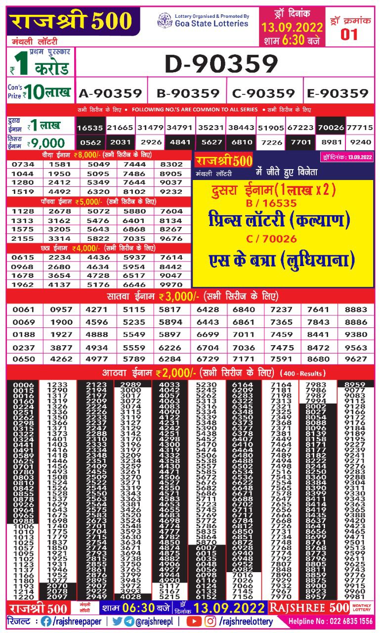 Goa Rajshree 500 Monthly Lottery 13.09.2022 Draw 4 Result Live