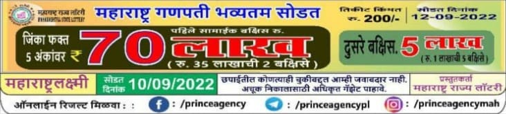 Maharashtra Ganpati Bhavyatam Sodat Lottery 12.9.2022 Draw 5 Result Live Today