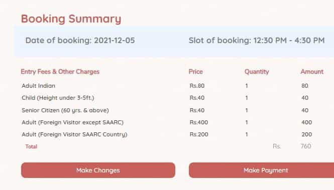 Delhi Zoo Online Ticket Booking Summary