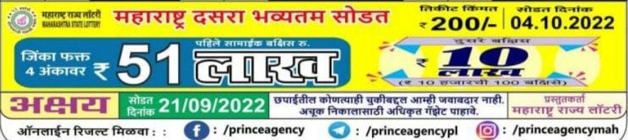 Maharashtra Dasara Bumper Sodat 4.10.2022 Today Lottery Result 4PM Live