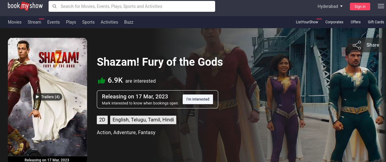 Shazam 2 Advance Ticket Booking in India