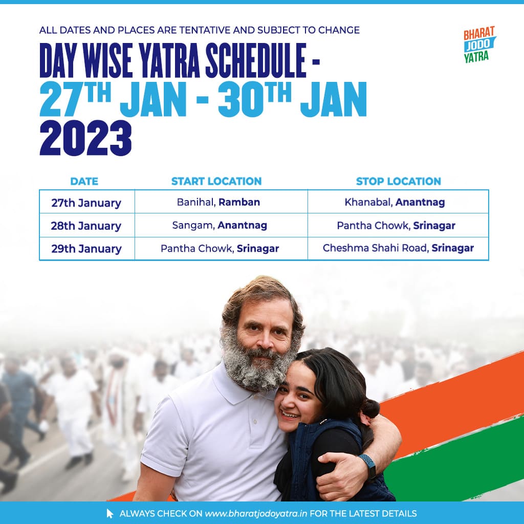 Bharat Jodo Yatra Upcoming Day-wise Schedule 27th Jan to 29th Jan Jammu and Kashmir