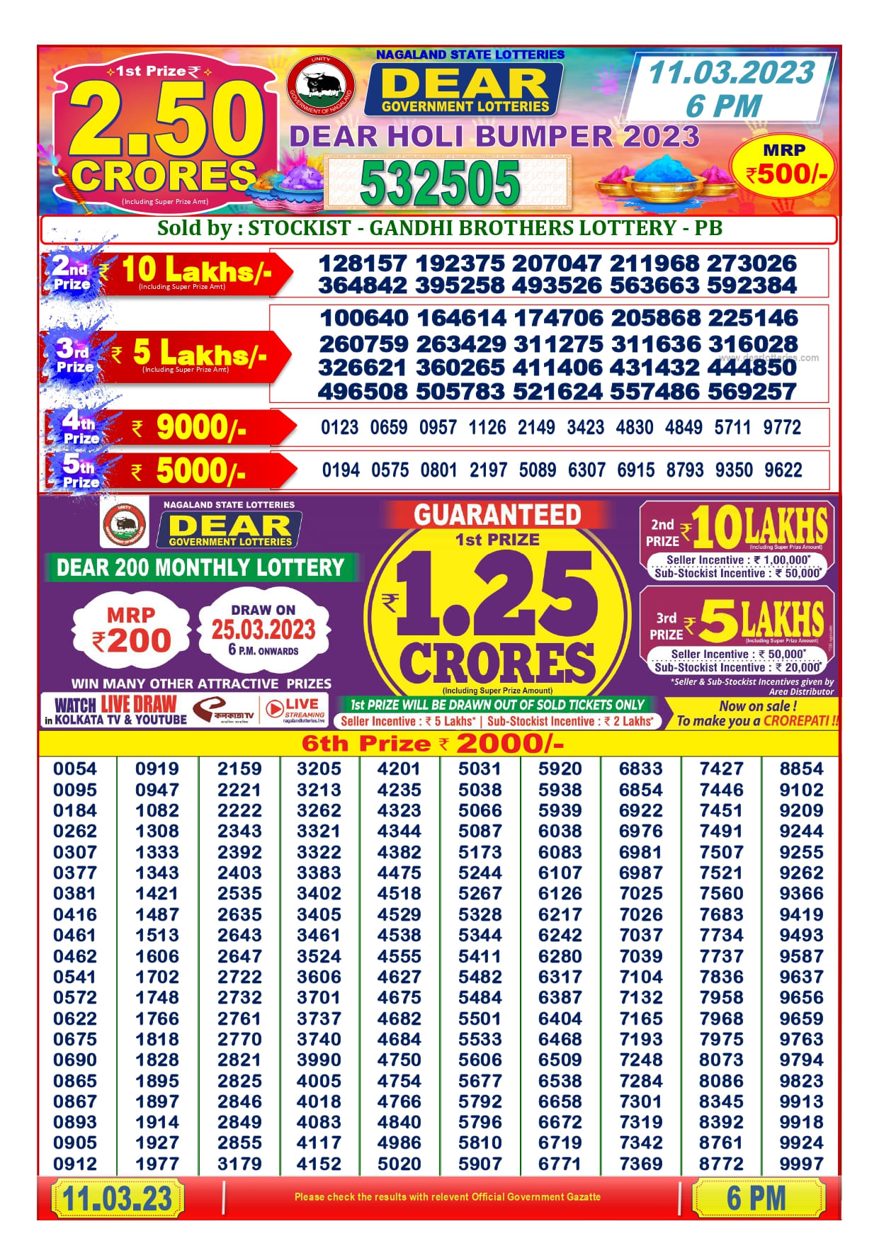 Dear Holi Bumper Lottery 6PM Draw Result