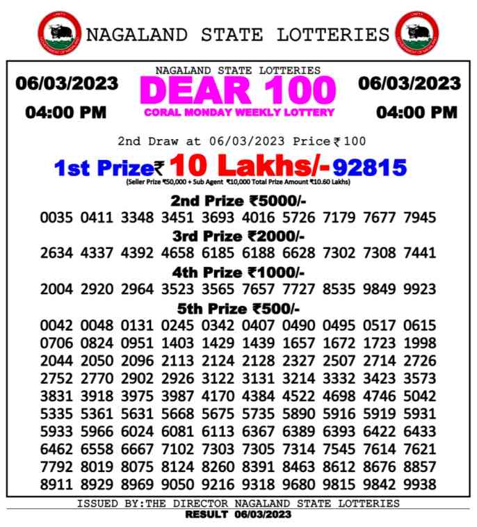 Nagaland Dear 100 Coral Monday Weekly Lottery 6.3.2023 Result Today