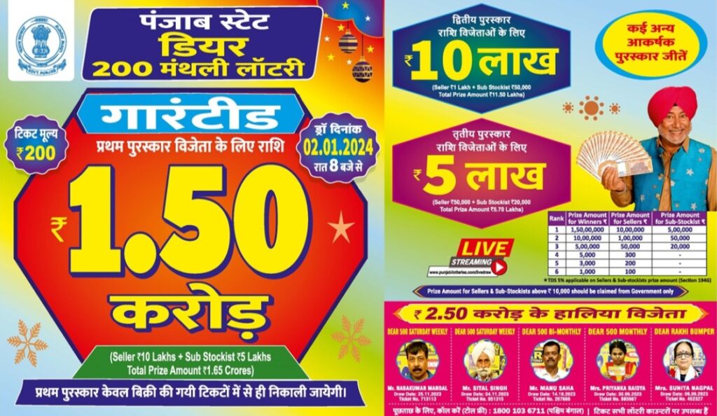 Punjab State Dear 200 Monthly Lottery 02.01.2024 Result Today 8PM Draw Live